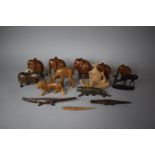 A Collection of Various Carved Wooden Animal Ornament to Include Elephants, Zebra, Lion, Crocodile