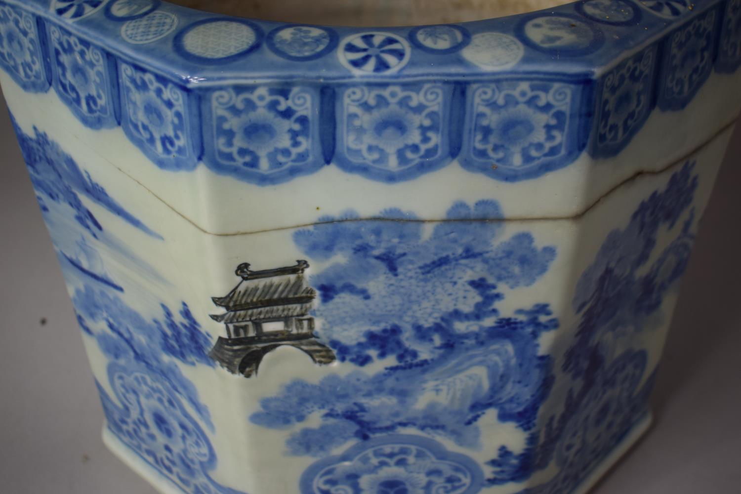 A Large Rectangular Blue and White Oriental Planter with Red Seal Mark to Side Panel, Crack and Loss - Image 5 of 7