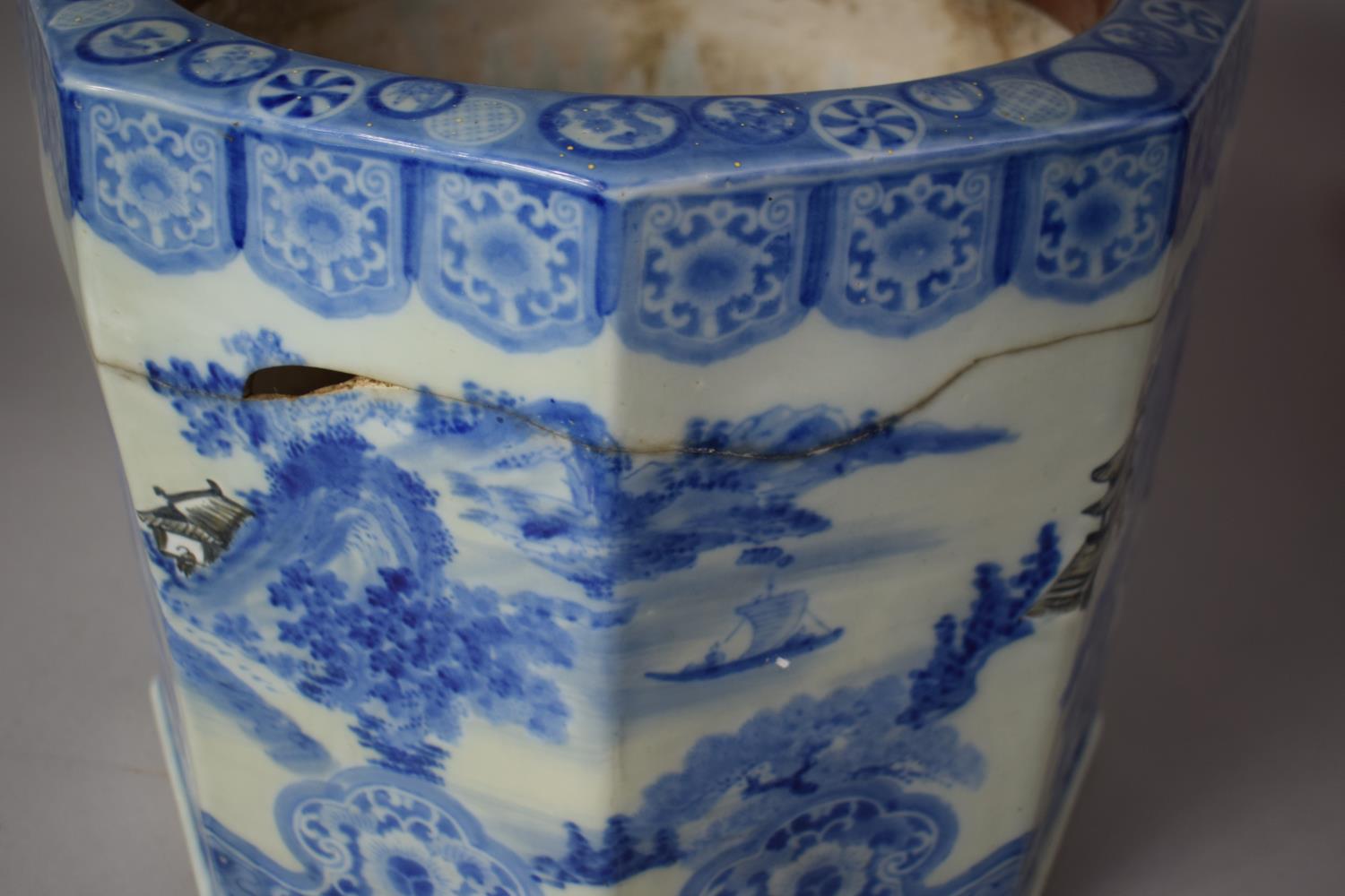 A Large Rectangular Blue and White Oriental Planter with Red Seal Mark to Side Panel, Crack and Loss - Image 3 of 7