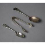 A Silver Victorian Serving Spoon Together with a Silver Teaspoon and Pair of Silver Sugar Tongs,