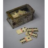 A Miniature Set of 24 Bone Dominoes, Possibly Prisoner of War, Housed in Silver Plate on Brass