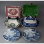 A Collection of Transfer Printed Ceramics to Include Lidded Blue and White Tureen, Bristol Crown