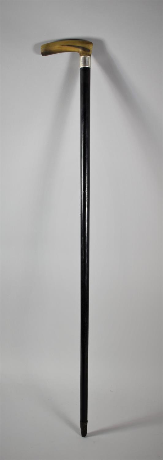 A Georgian Silver Banded Ebony Shafted Stick with Horn Handled Top, 86cm Long