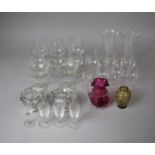 A Collection of Various Glassware to Include Victorian Cranberry Glass Jug, Small Enamelled Yellow