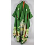 A Japanese Green Silk Kimono Robe, with Exterior and Interior Embroidered Decoration and Inner Red