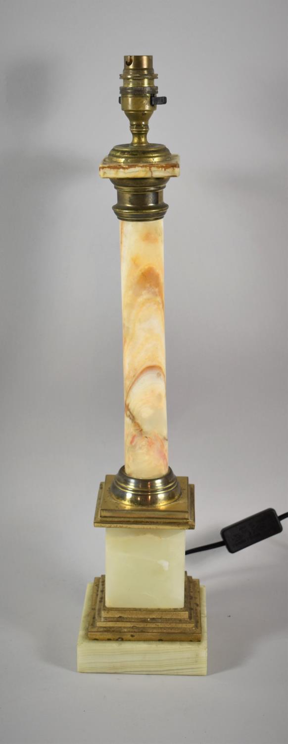 A Gilt Brass Mounted Alabaster Column Table Lamp on Stepped Square Base, 54cm High