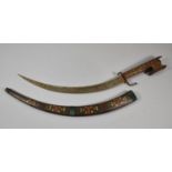 A Vintage Curved Bladed Dagger with Wooden Grip and Scabbard with Inlaid Decoration, 61cm Long