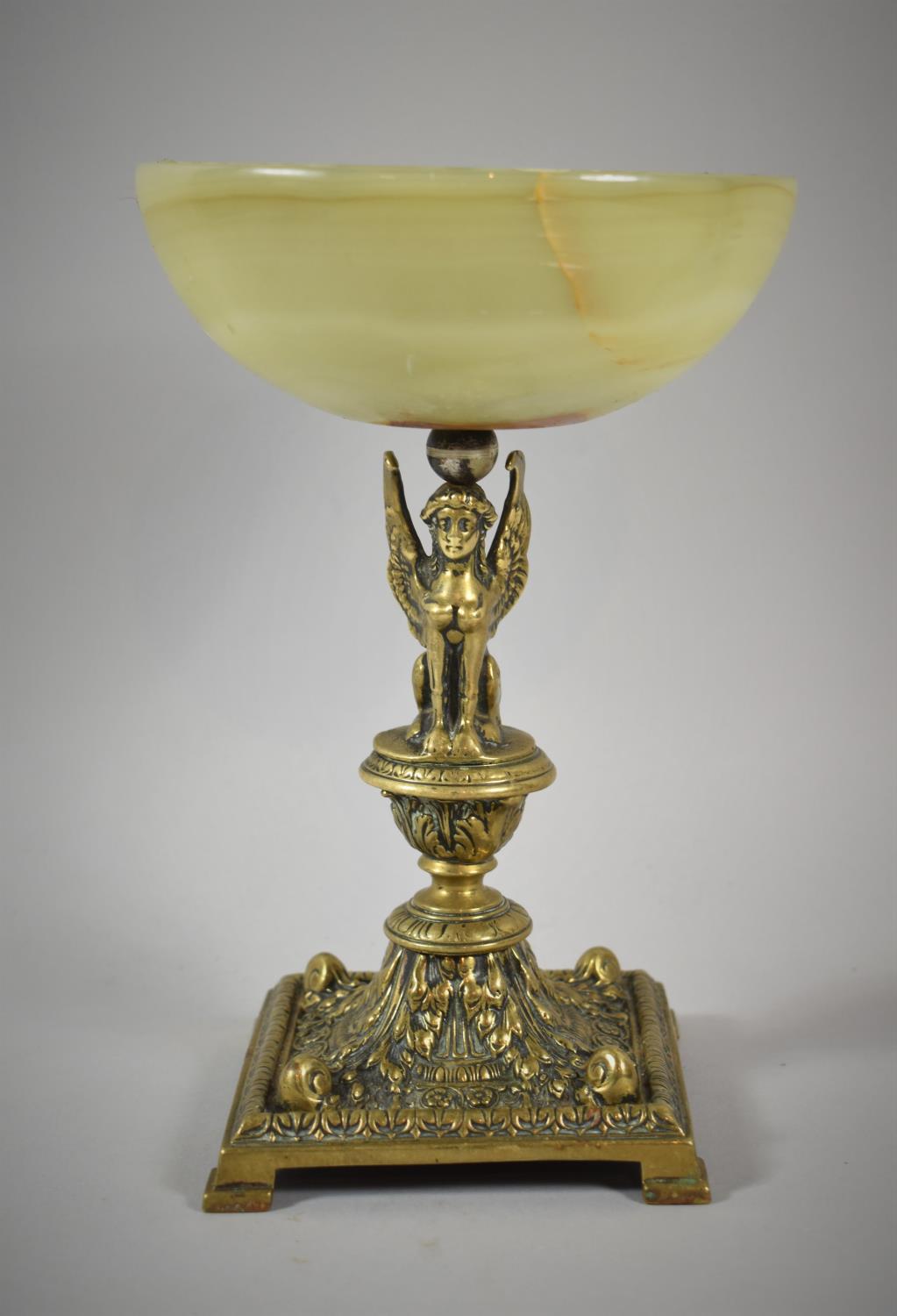 A French Second Empire Style Brass and Turned Onyx Centre Bowl with Sphinx Support and Corinthian