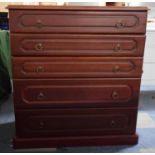 A Late 20th Century Bedroom Chest of Five Long Drawers with Brass Looped Handles, 94x48x99cms High