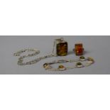 Three Pieces of Silver Mounted Amber Jewellery including Italian Bracelet Etc, Largest Stone 2.