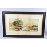 A Framed Naive Watercolour depicting Cattle at River Bank, PEWF 1905, 56x25.5cms