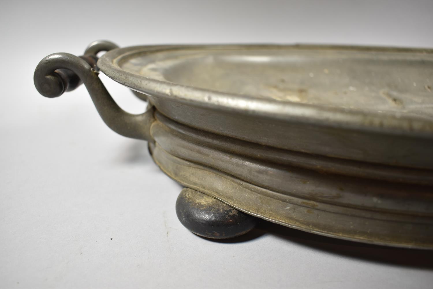 Two James Dixon & Sons Pewter Meat Warming Dishes with Wooden Bun Feet and Turned Wooden Handles, - Image 3 of 4