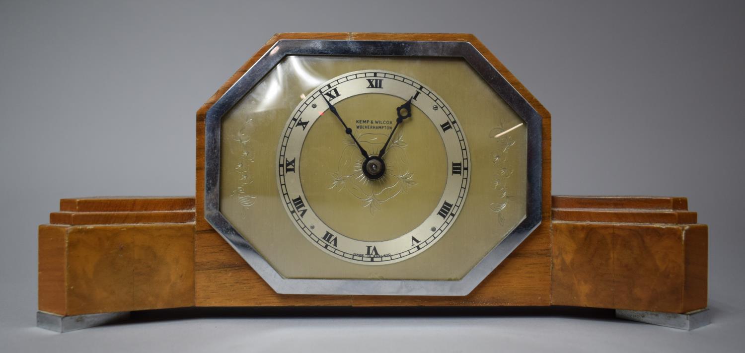 A Walnut Art Deco Mantel Clock by Elliot Retailed by Kemp and Wilcox, Wolverhampton with Shaped Form