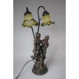 A Reproduction Two Branch Bronzed Figural Table Lamp Modelled as Two Young Ladies, with Green and