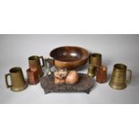 A Collection of Various Metal and Treen Items to include Cast Iron Trivet Stand Niello Tankards,