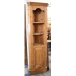 A Pine Corner Cabinet with Open Three Shelf Top Store and Bottom Cupboard Base, 51cm x 195cm high