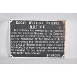 A Cast Iron GWR Trespass Notice 'Great Western Railway. Noptice. All Persons Are Warned Not To