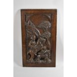 An Early Oak Carved Wooden Panel with Stag Hunt Decoration, 29.5cmsx51.5cms