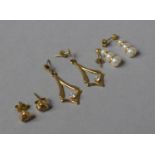 Three Pairs of Yellow Metal Earrings, Jewelled Examples and a Pair having Graduated Pearls