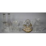 A Collection of Various Glassware to include Two Silver Banded Posey Vases, Four Piece Cruet on