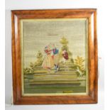 An Early 19th Century Framed Woolwork Tapestry Depicting Couple Dancing, Piper and Dog, 48x41cms