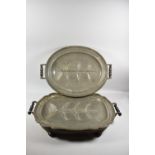 Two James Dixon & Sons Pewter Meat Warming Dishes with Wooden Bun Feet and Turned Wooden Handles,