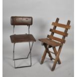 A Vintage Dolls Folding Chair together with an Iron and Leather Upholstered Example