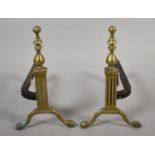 A Pair of Brass and Iron Fire Dogs, Having Claw and Ball Feet Surmounted by Ribbed Column Supports