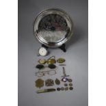 A Silver Plated Circular Card Tray Together with Vintage Spectacles, Various Medallions for Queen