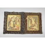 A Pair of 19th Century Carved Oak Framed Prints. 24x29cms, Both with Loss and One With Cracked Glass