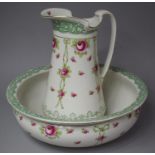 An Edwardian Washbowl and Jug with Rose and Swag Transfer Printed Decoration