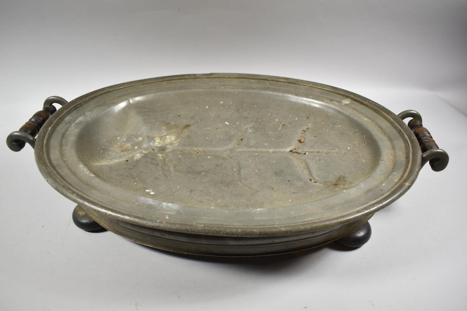 Two James Dixon & Sons Pewter Meat Warming Dishes with Wooden Bun Feet and Turned Wooden Handles, - Image 2 of 4