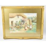 A Florence Saltner Gilt Framed Watercolour Depicting Figures outside Thatched Cottage, 36x27cms