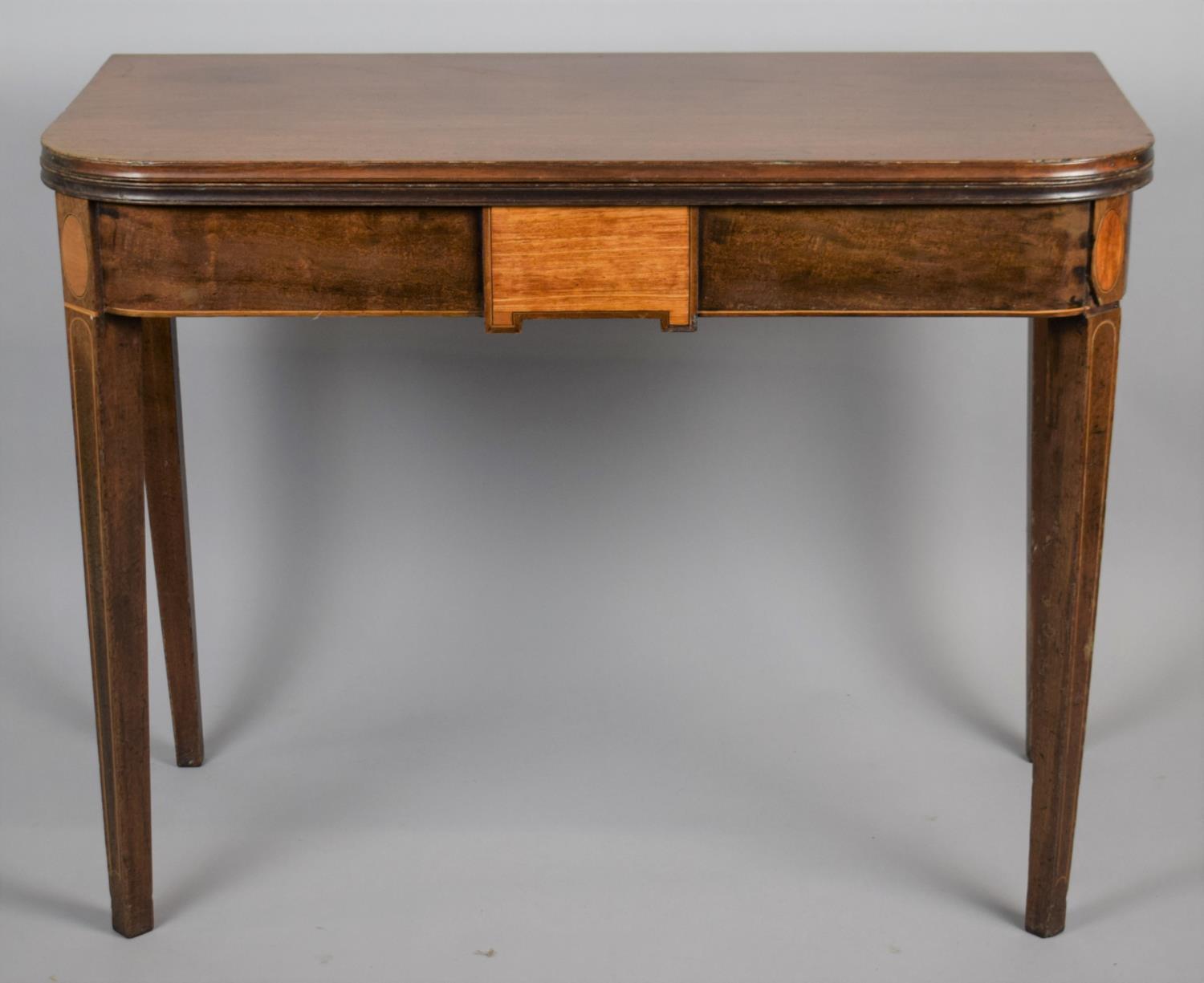 A 19th Century Cross Banded and String Inlaid Tea Table with Square Tapering Legs, 89cms Wide