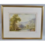 A Gilt Framed Unsigned Watercolour Depicting Mountain and River Scene with Cattle, 20x30cms