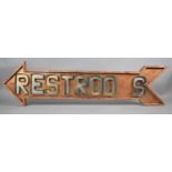 A Large 20th Century Hand Made Wooden Arrow Shaped Sign for 'Restrooms', Missing 'M' 170cms Wide