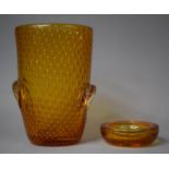 A Large Amber Glass Two Handled Vase, Together with an Ashtray, Vase 25cms High