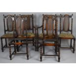 A Set of Six Late Victorian Oak Dining Chairs in Charles II Style to Comprise Two Carvers, The Backs