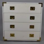 A Small White Campaign Style Chest of Four Drawers with Brass Mounts and Inset Handles, 70x44.