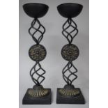 A Pair of 20th Century Wrought Iron Candle Holders with Rosette Centres and Twisted Supports on