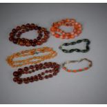 Four Strings of Carnelian Beads, One with Nice Quality 9ct Gold Clasp. A Silver Mounted Carnelian