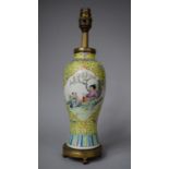 A Chinese Famille Rose Canton Vase on Yellow Ground Having Ormolu Mount to Form Table Lamp, 35cm
