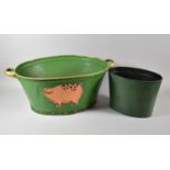 A Modern Reproduction Two Handled Painted Metal Bath with Pig Decoration Together with an Oval Waste