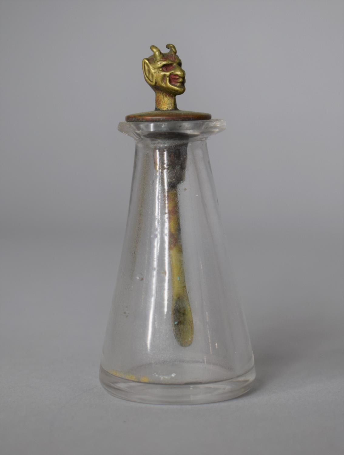 A Small Glass Opium/Snuff Bottle Flask Having Novelty Brass Spoon with Devil's Head Finial, 8cm