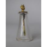 A Small Glass Opium/Snuff Bottle Flask Having Novelty Brass Spoon with Devil's Head Finial, 8cm