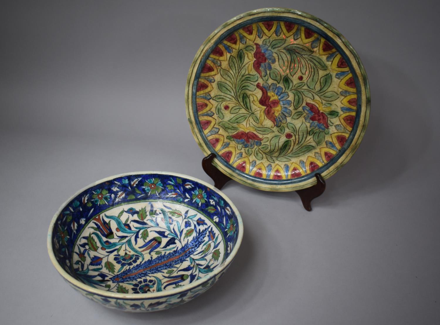 A Glazed Bowl, Palestine 1884 Together with a Continental Glazed Plaque