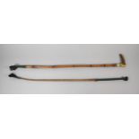 A Bone Handled Bamboo Riding Crop Together with a Plaited Linen Riding Whip with Leather Turk Head