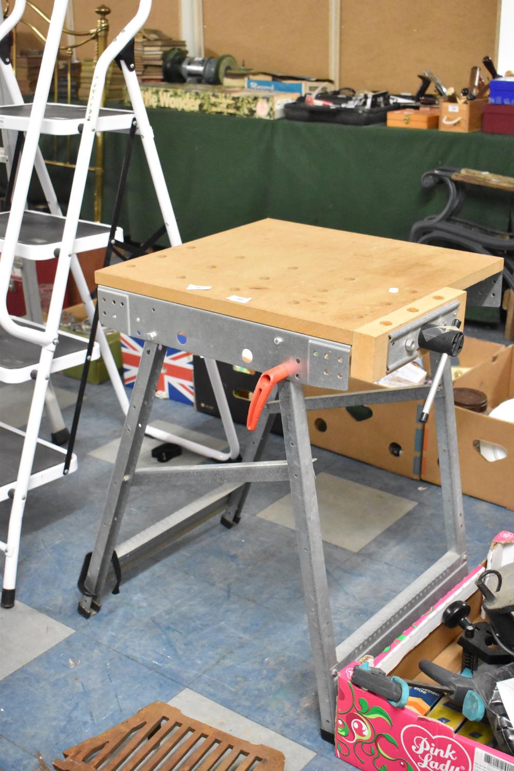 A Modern Metal Framed Work Bench with Vice, 58cm wide