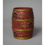 A Painted Wooden Spill Vase in the form of a Barrel, Decorated with Flowers, 9cm high