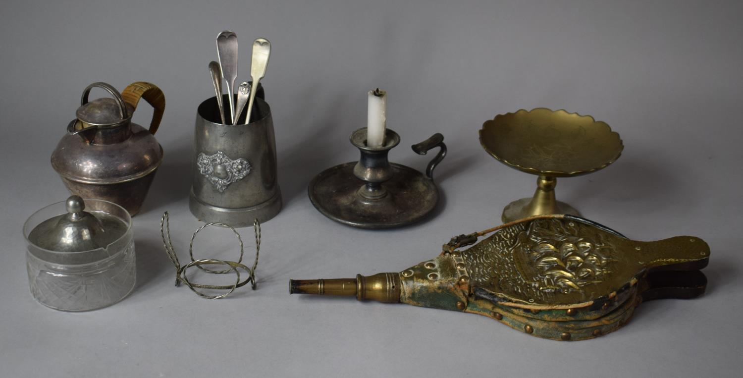 Collection of Metalwares to Include Silver Plated Jug, Pewter Tankard , Brass Bellows, Bedchamber